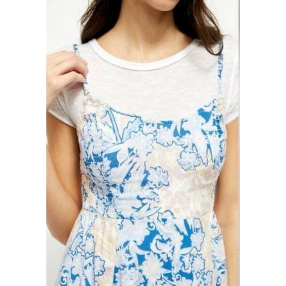 Free People Forever Yours Floral Maxi Dress M Blue Smocked Boho Fairy Vacation - Picture 5 of 14